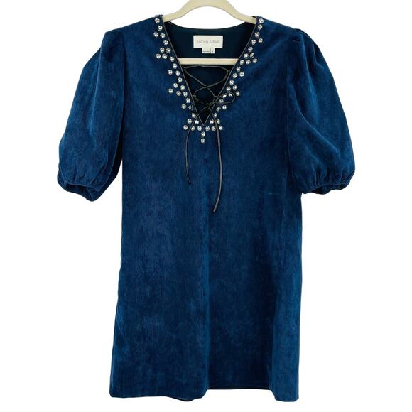 Sachin & Babi Tripp Corduroy Mini Dress Navy Blue Studded Leather Trim Small - Picture 4 of 11